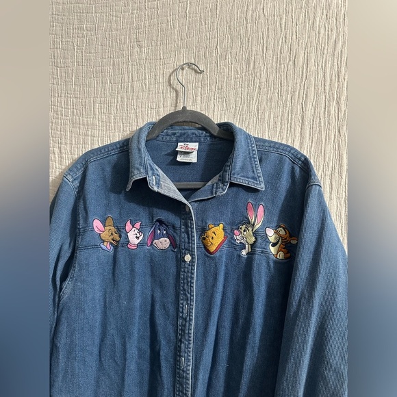 Vintage Disney Winnie The Pooh Long Embroidered Cotton Denim Button Down Shirt M - Picture 2 of 3